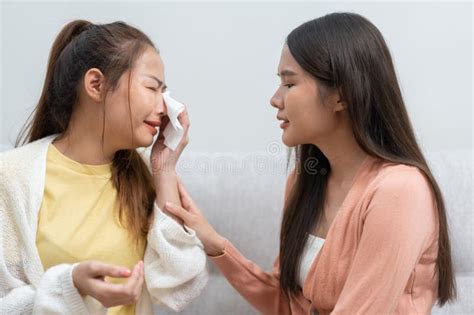 Two Women Talking about Problems at Home. Asian Women Embrace To Calm Their Sad Best Friends ...