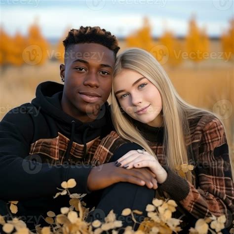 Loving teenage interracial couple is enjoying a romantic autumn day AI ...