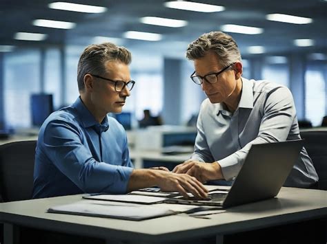 Two men collaborating on a computer in a modern office | Premium AI ...