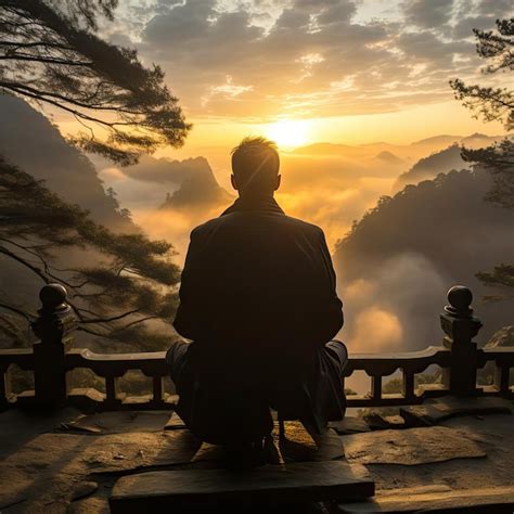 Premium AI Image | Meditating man in a serene landscape surrounded by mountains