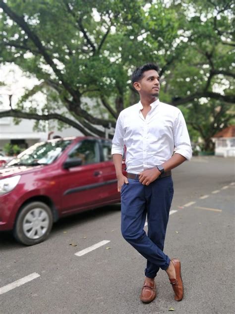 Navy chinos, white button down, loafers