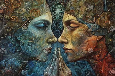 A Painting of Two Individuals Facing Each Other, with Hands Clasped in a Gesture of Respect ...