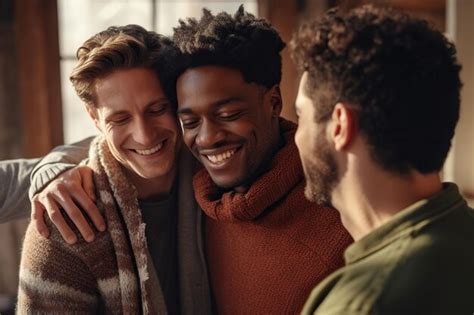 Premium AI Image | Supportive diverse male friends hugging each other at group therapy session