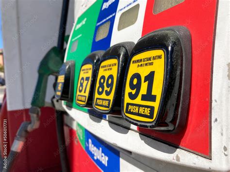 Selective focus. Gas pump octane grade selection numbers and buttons ...