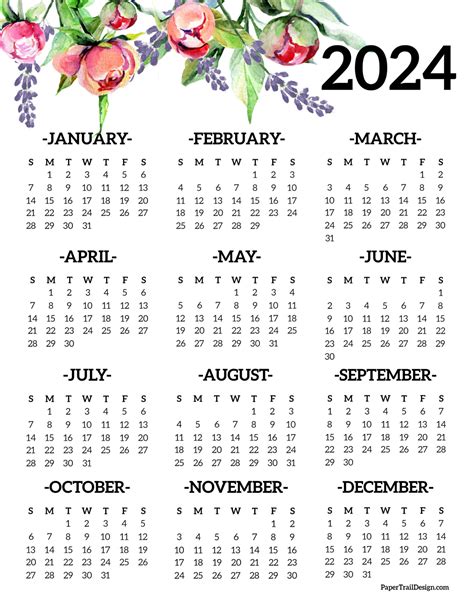 Calendar 2024 Printable One Page - Paper Trail Design