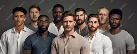 Diverse group of men standing together confident multicultural male beauty in studio setting ...