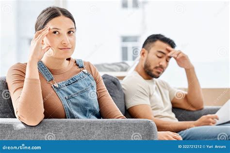 Argument, Angry and Couple on Sofa for Divorce with Affair, Cheating or Conflict in Marriage ...