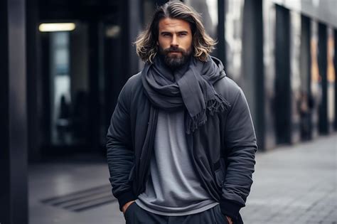 Premium Photo | A handsome young man in a gray hoodie and scarf is ...