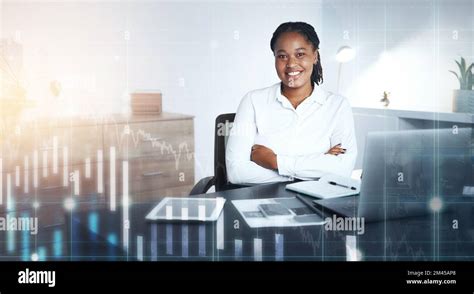 Woman, arms crossed or futuristic finance chart in investment office, insurance company or stock ...