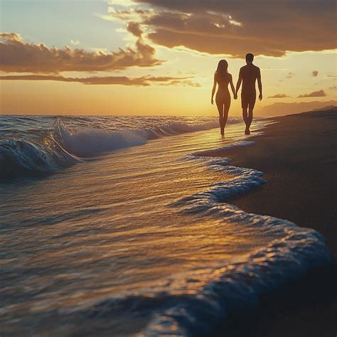 Couple Walking Hand in Hand on Beach at Sunset | Premium AI-generated image