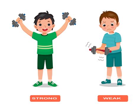 Opposite adjective antonym strong and weak words illustration of kids ...
