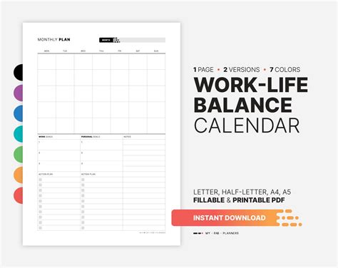 Monthly Work-life Balance Calendar &amp; Goal Action Plan, Task List ...