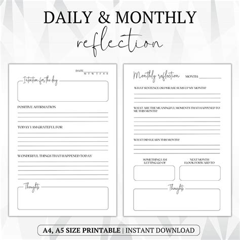 Daily and Monthly Reflection Review Pages, Printable Daily Journal ...