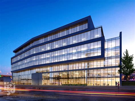 3D Corporate Office Exterior Night Rendering And Elevation ...