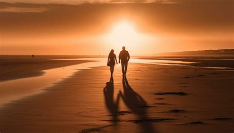 Silhouette of couple walking on beach at sunset generated by AI ...