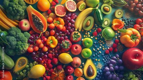 Vibrant 3D illustration of a colorful array of fruits, vegetables, and ...