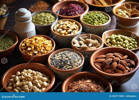A Selection of Mixed Nuts and Seeds in Ceramic Bowls Stock Photo ...