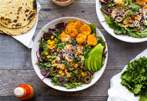 Vegan Summer Fiesta Taco Salad with Plantains, Corn, Avocado, Fajita ...