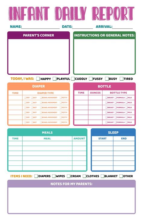 Infant Daily Report Sheets Printables in Pink, Blue, and Green