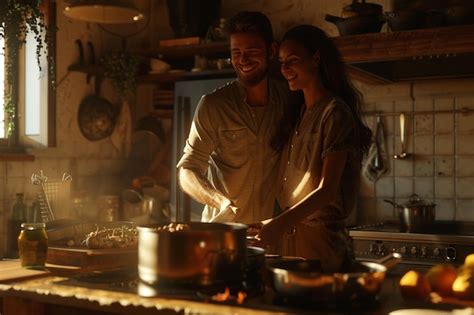 Couple laughing together while cooking a meal | Premium AI-generated image