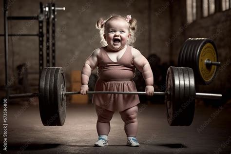 An little strong smiling baby girl lifts a very heavy barbell - AI generative Ілюстрація Stock ...